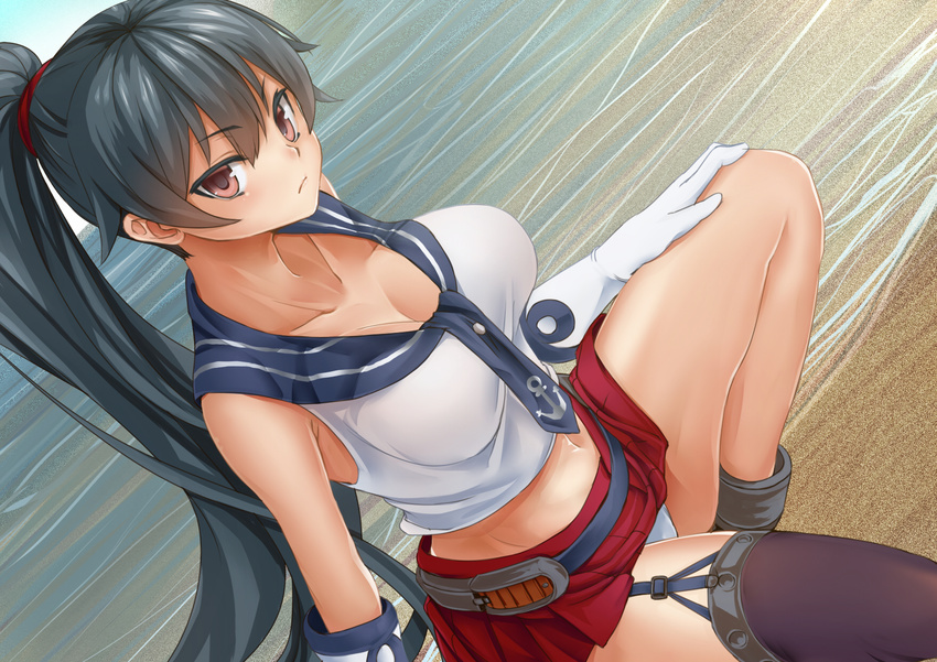 beach black_hair breasts brown_eyes cleavage collarbone dutch_angle garter_straps gloves groin highres impossible_clothes impossible_shirt kantai_collection large_breasts long_hair looking_at_viewer midriff miniskirt navel neav panties ponytail red_skirt school_uniform serafuku shirt single_thighhigh skirt solo thighhighs underwear white_panties yahagi_(kantai_collection)