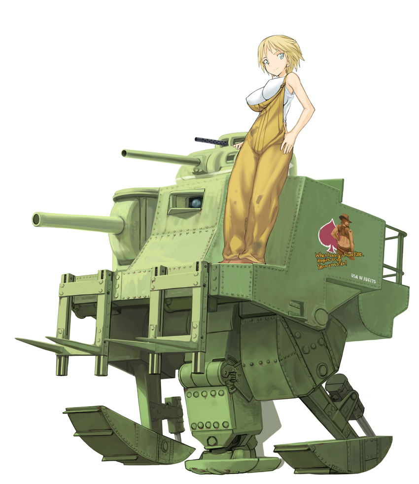 blonde_hair blue_eyes breasts english forklift ground_vehicle highres kuuro_kuro large_breasts m3_lee mecha mechanization medium_tank military military_vehicle motor_vehicle on_mecha original overalls riding science_fiction short_hair tank walker