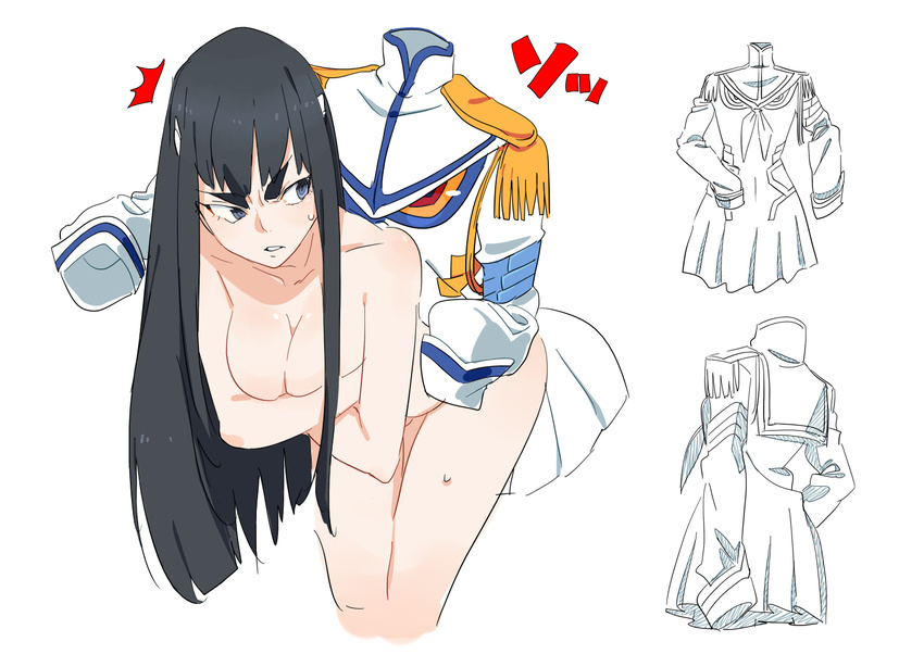 bad_id bad_pixiv_id black_hair covering covering_breasts epaulettes junketsu kill_la_kill kiryuuin_satsuki leaning_forward living_clothes long_hair nude sweatdrop w yomosaka