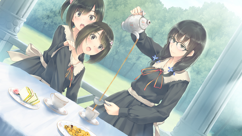 :o blush braid checkerboard_cookie column cookie cup decantering flower flowers_(innocent_grey) food game_cg glasses hair_flower hair_ornament hanabishi_rikka hand_on_another's_shoulder light_smile mole mole_under_eye multiple_girls open_mouth pillar plate pouring sandwich sasaki_ichigo sasaki_ringo saucer school_uniform siblings side_ponytail sisters sugina_miki table tea tea_party teacup teapot tree twin_braids twins