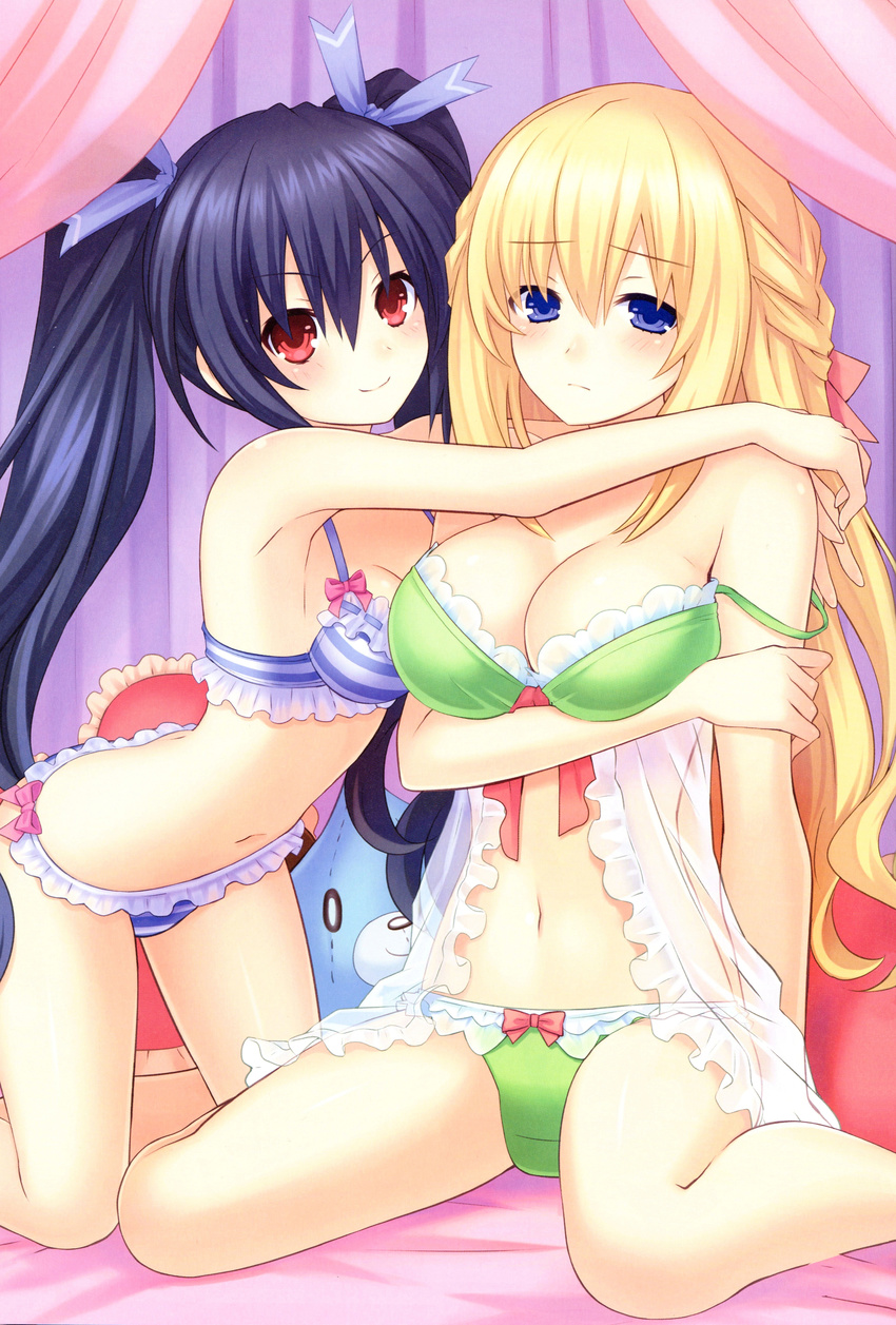 absurdres arm_behind_back arm_under_breasts armpits arms_around_neck babydoll bangs bare_shoulders bed black_hair blonde_hair blue_bra blue_eyes blue_panties blue_ribbon blush bow bow_bra bow_panties bra braid breast_hold breasts character_doll choujigen_game_neptune cleavage collarbone curtains dogoo embarrassed eyebrows_visible_through_hair frilled_bra frilled_panties frilled_pillow frills from_side frown green_panties hair_between_eyes hair_ribbon highres holding_arm hug indoors kneeling leaning_forward lingerie long_hair looking_at_viewer looking_to_the_side medium_breasts multiple_girls navel neptune_(series) noire official_art on_bed outstretched_arms panties pillow pink_bow raised_eyebrows red_bow red_eyes red_pillow red_ribbon ribbon ribbon-trimmed_bra ribbon_trim scan see-through sidelocks sitting small_breasts smile spread_legs stitches strap_slip striped striped_bra striped_panties stuffed_animal stuffed_toy tsunako twintails underwear underwear_only vert very_long_hair wariza white_bra white_panties