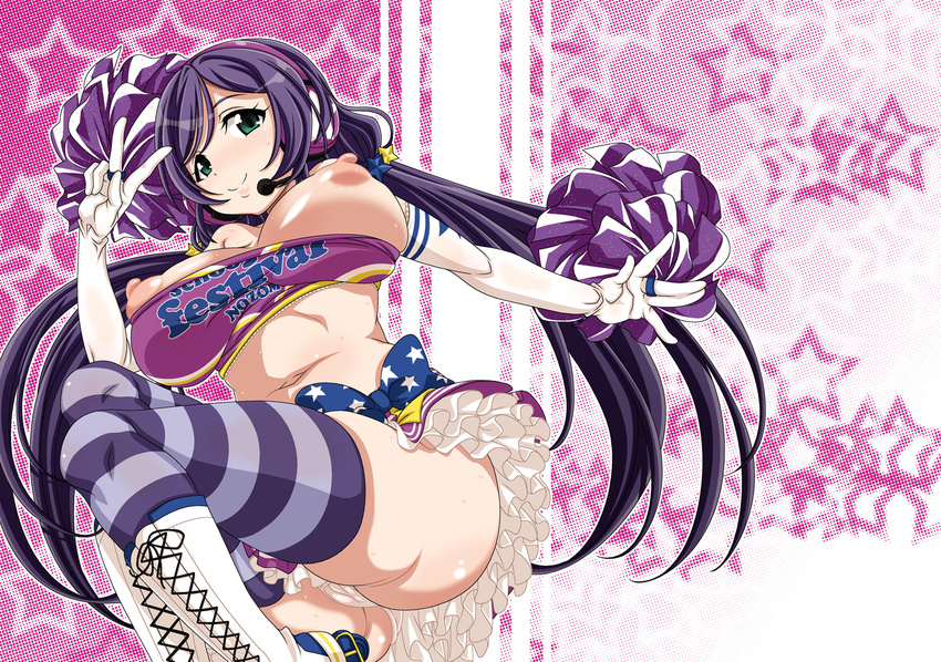 ass blush boots breasts cheerleader elbow_gloves frilled_skirt frills gloves green_eyes headphones highres huge_breasts knee_boots long_hair love_live! love_live!_school_idol_project nori_(akusei_shinseibutsu) panties pom_poms purple_hair skirt smile solo striped striped_legwear takaramonozu thighhighs toujou_nozomi twintails underwear white_gloves white_panties