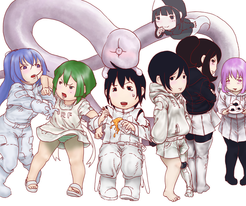 absurdres alien black_eyes blue_eyes blue_hair blush gauna ghost ghost_tail green_hair green_panties highres honoka_en hood hoodie hoshijiro_shizuka ichigaya_teruru jealous kimokunn long_hair midorikawa_yuhata monster monster_girl multiple_girls panties pantyhose pink_eyes pink_hair samari_ittan sasaki_(sidonia_no_kishi) shinatose_izana shiraui_tsumugi sidonia_no_kishi skirt spoilers sweatdrop tanikaze_nagate tentacles triangular_headpiece underwear