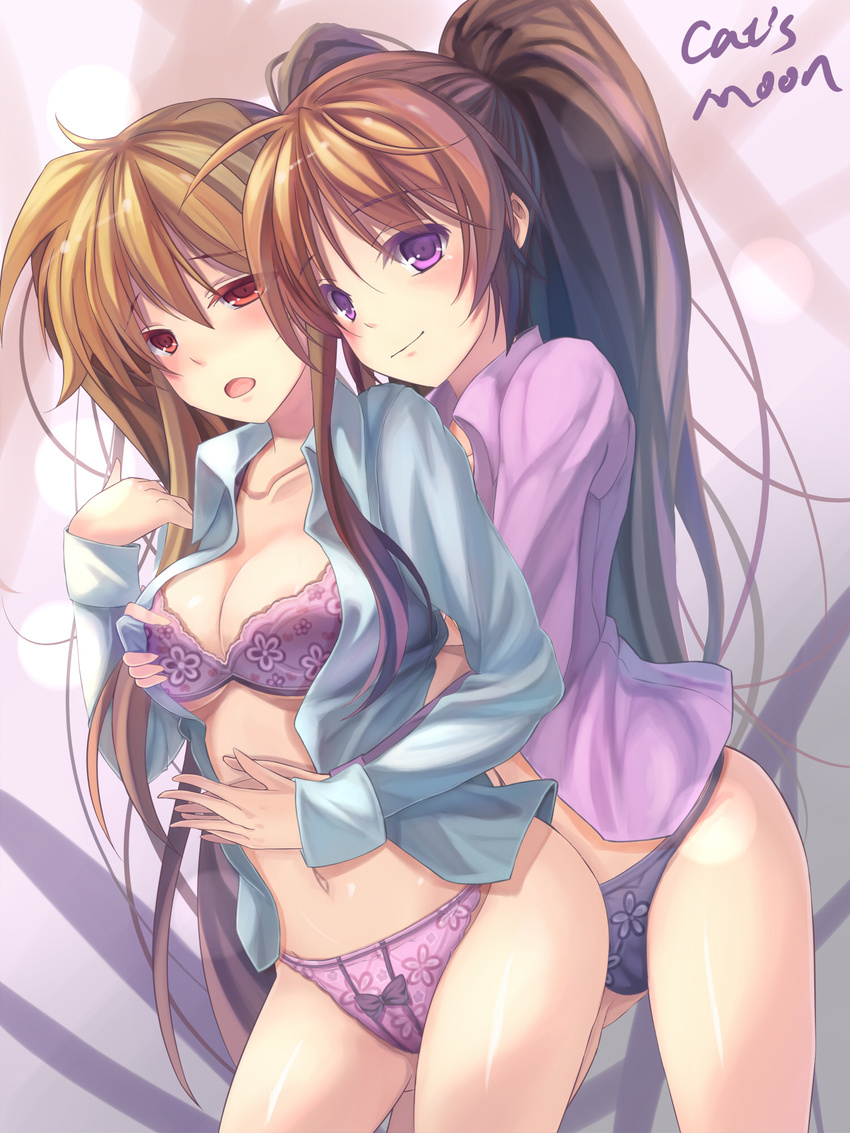 blonde_hair bow bow_panties bra breast_grab breasts brown_hair cleavage collarbone collared_shirt covered_nipples fate_testarossa floral_print grabbing half-closed_eyes highres hug hug_from_behind lingerie lyrical_nanoha mahou_shoujo_lyrical_nanoha_strikers medium_breasts midriff multiple_girls navel no_bra no_pants open_clothes open_shirt panties ponytail purple_bra purple_eyes purple_panties red_eyes shirt smile standing takamachi_nanoha underwear youxuemingdie yuri