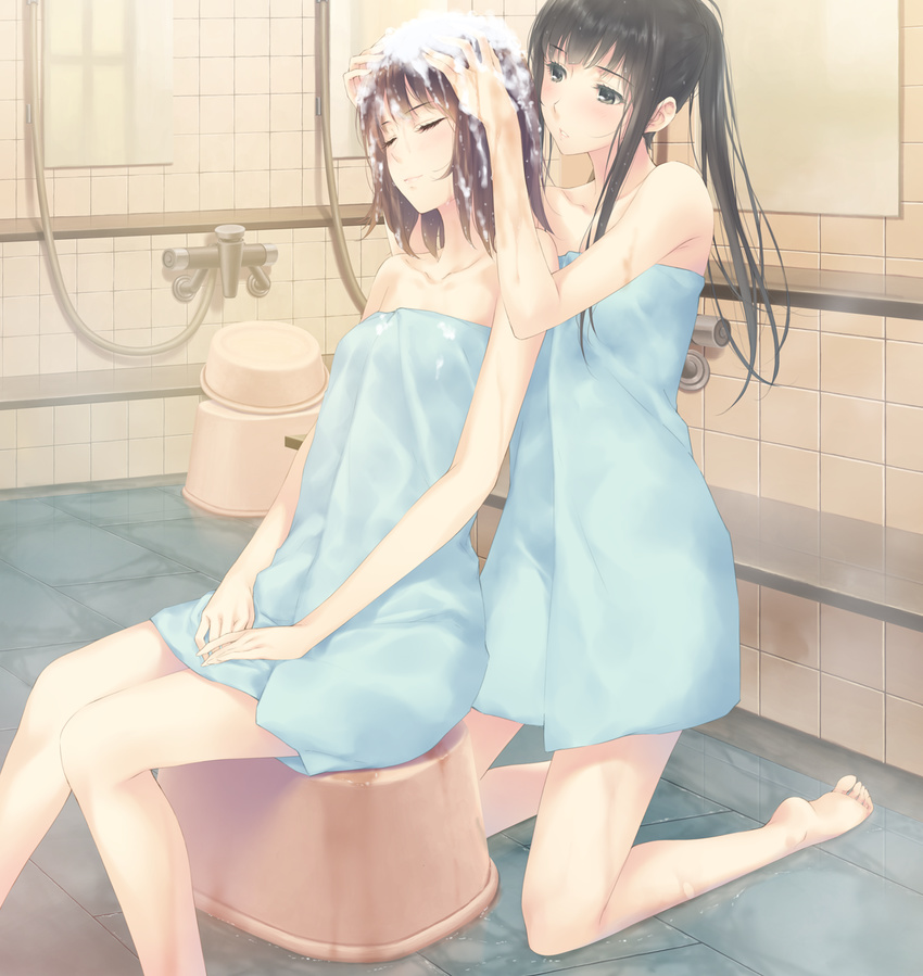 barefoot bath_stool black_hair blue_towel blush brown_hair closed_eyes flowers_(innocent_grey) game_cg highres kneeling kousaka_mayuri multiple_girls naked_towel parted_lips ponytail shirahane_suou sitting soap_bubbles stool sugina_miki tile_wall tiles towel washing_hair wet wet_hair