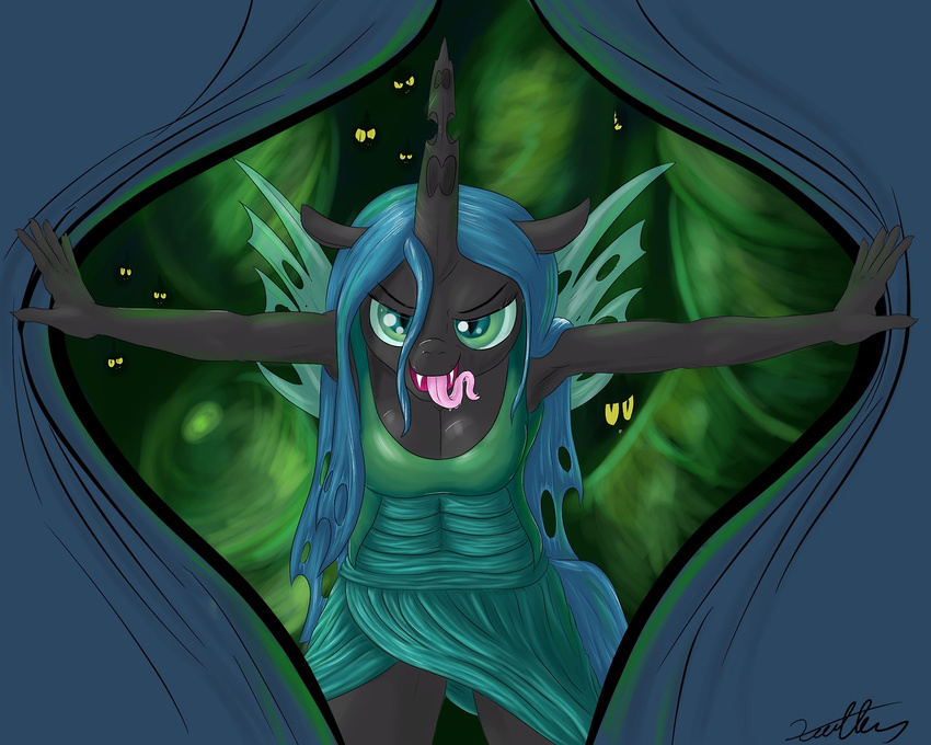 4th_wall animal_ears anthro arthropod black_fur black_skin blue_hair breasts changeling clothing equine fangs female fingers friendship_is_magic fur green_background green_eyes hair hands horn horse human humanized insect insect_wings looking_at_viewer mammal my_little_pony open_mouth plain_background pony queen_chrysalis_(mlp) teeth tongue tongue_out wings xanthor yellow_eyes