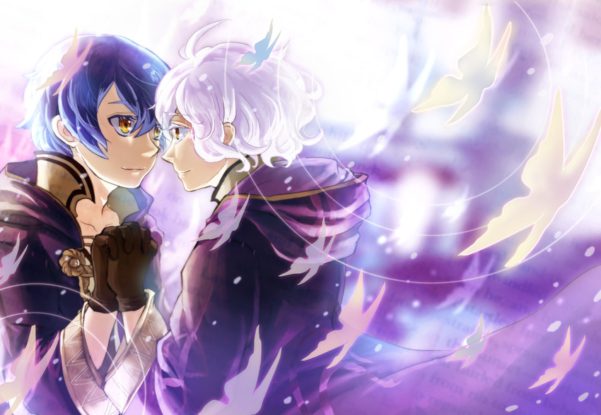 1girl ahoge alternate_eye_color blue_hair brown_gloves bug butterfly colored_eyelashes cover cover_page dual_persona eye_contact fire_emblem fire_emblem:_kakusei gloves hair_between_eyes holding_hands hood hooded_jacket insect jacket looking_at_another mark_(female)_(fire_emblem) mark_(fire_emblem) mark_(male)_(fire_emblem) novel_cover okiboshi short_hair smile wavy_hair white_hair wind yellow_eyes