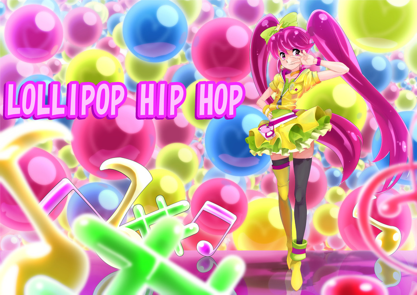 aino_megumi alternate_form bow bubble colorful cure_lovely earrings full_body hair_bow hand_on_hip happinesscharge_precure! highres hood hoodie jewelry lollipop_hip_hop long_hair magical_girl mismatched_footwear multicolored multicolored_background musical_note nukosann pink_eyes pink_hair precure skirt smile solo standing star star_earrings thighhighs twintails v wrist_cuffs yellow_skirt