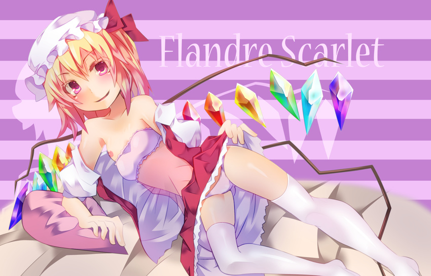 blonde_hair blue_bra blue_panties bra flandre_scarlet flat_chest hat highres lace lace-trimmed_bra lying nipples on_side open_mouth panties rando_seru red_eyes short_hair side_ponytail skirt smile solo thighhighs touhou underwear white_legwear wings