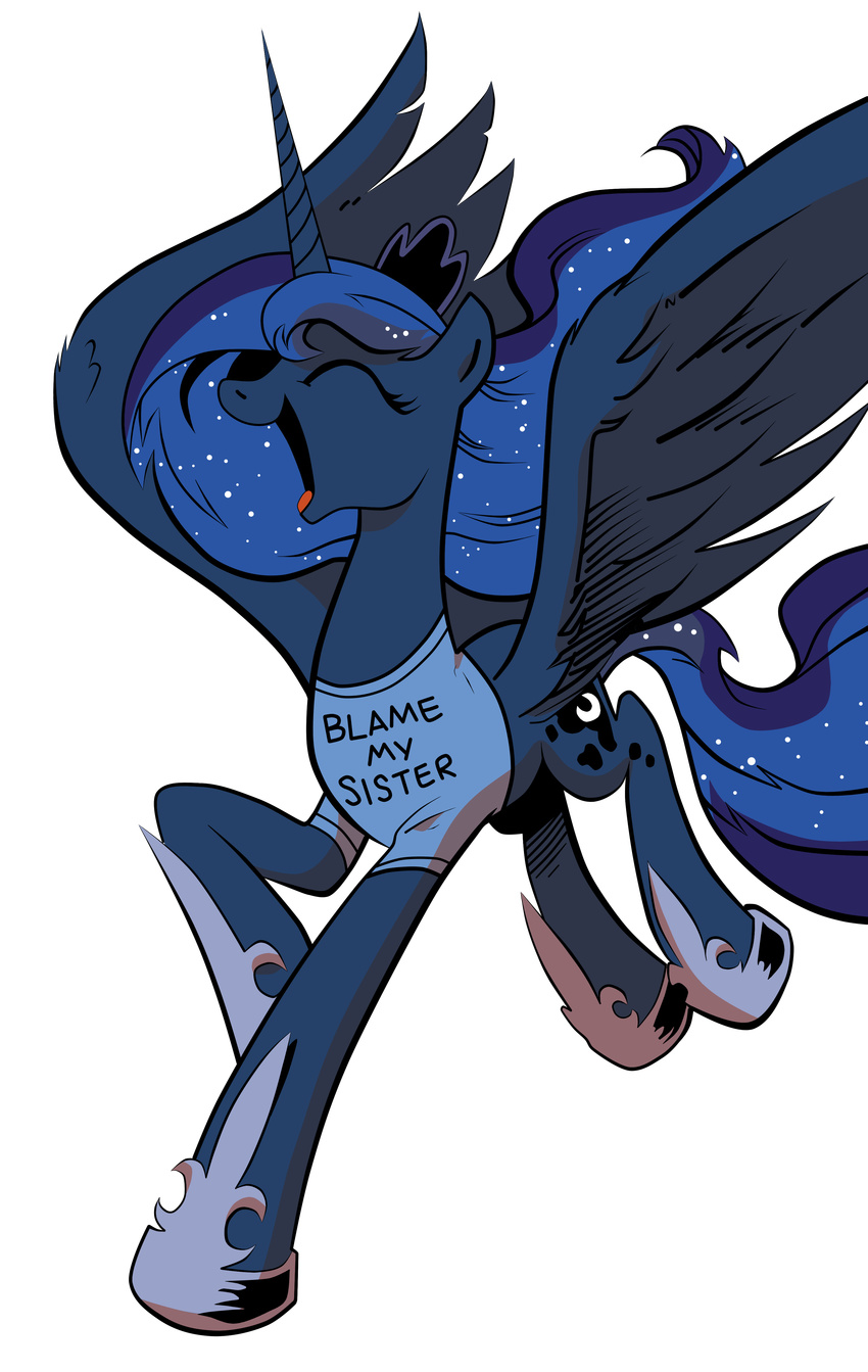 absurd_res alpha_channel amorecadenza blue_hair clothing cutie_mark english_text equine eyes_closed female friendship_is_magic hair happy hi_res horn mammal my_little_pony plain_background princess_luna_(mlp) shirt solo sparkles text transparent_background vector winged_unicorn wings