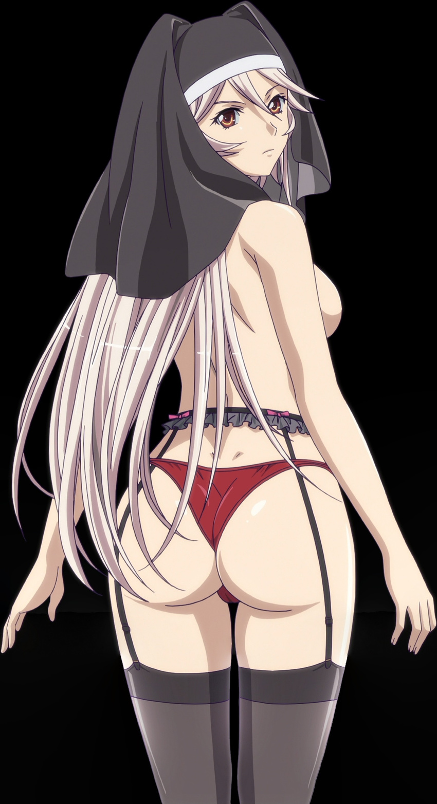 1girl absurdres aldora aldra_(queen's_blade) ass back breasts highres large_breasts long_hair looking_at_viewer looking_back panties queen's_blade queen's_blade red_eyes red_panties screencap simple_background solo standing stitched thighhighs thong uncorrupted_aldora underwear