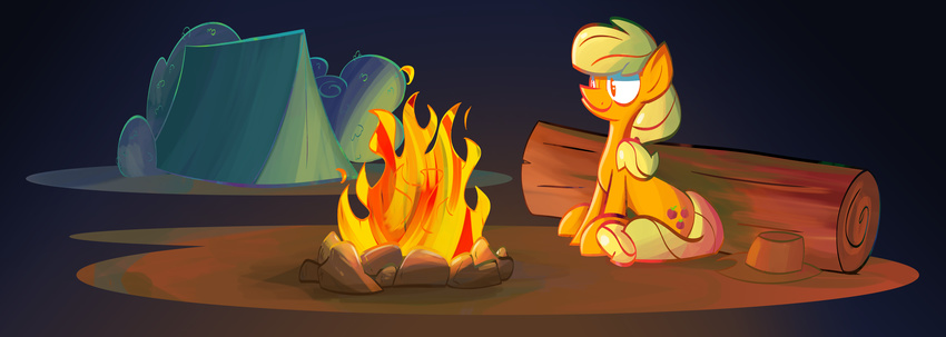 absurd_res applejack_(mlp) blonde_hair bush camp campsite cowboy_hat cutie_mark equine female fire foxy-noxy friendship_is_magic glowing hair hat hi_res horse log mammal my_little_pony pony sitting solo stone tent wood