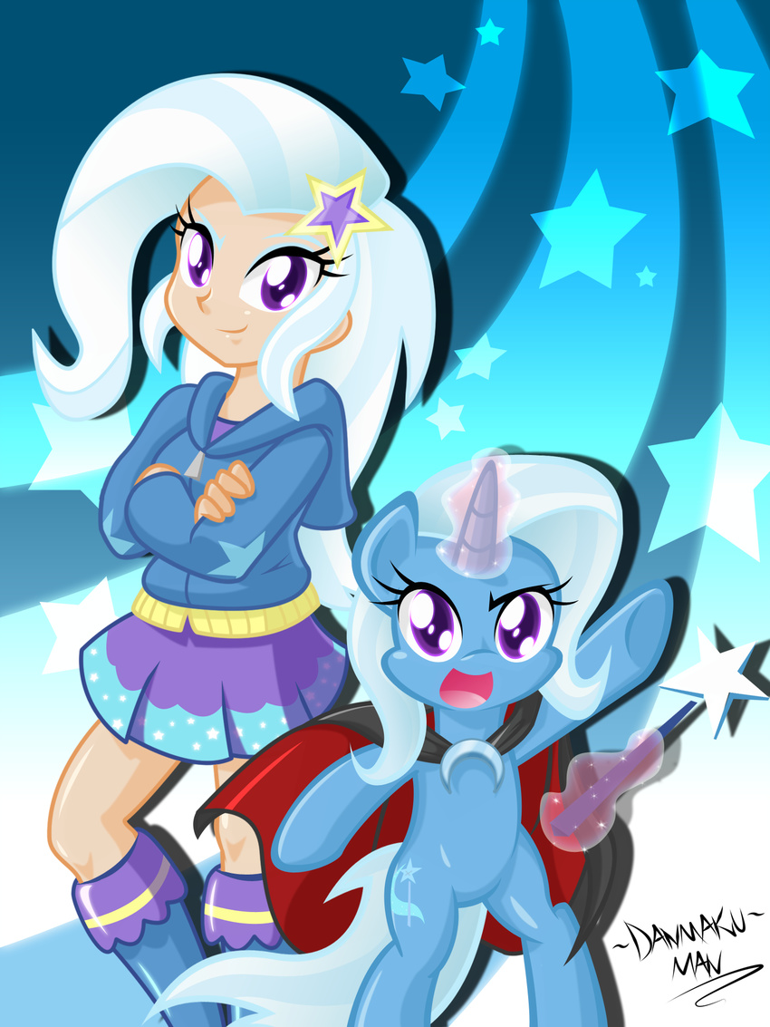 blue_hair cape clothing cutie_mark danmakuman duo equine eyeshadow female friendship_is_magic glowing hair hairpin hoodie horn human humanized levitation magic makeup mammal my_little_pony purple_eyes skirt sparkles standing star trixie_(mlp) two_tone_hair unicorn wand white_hair