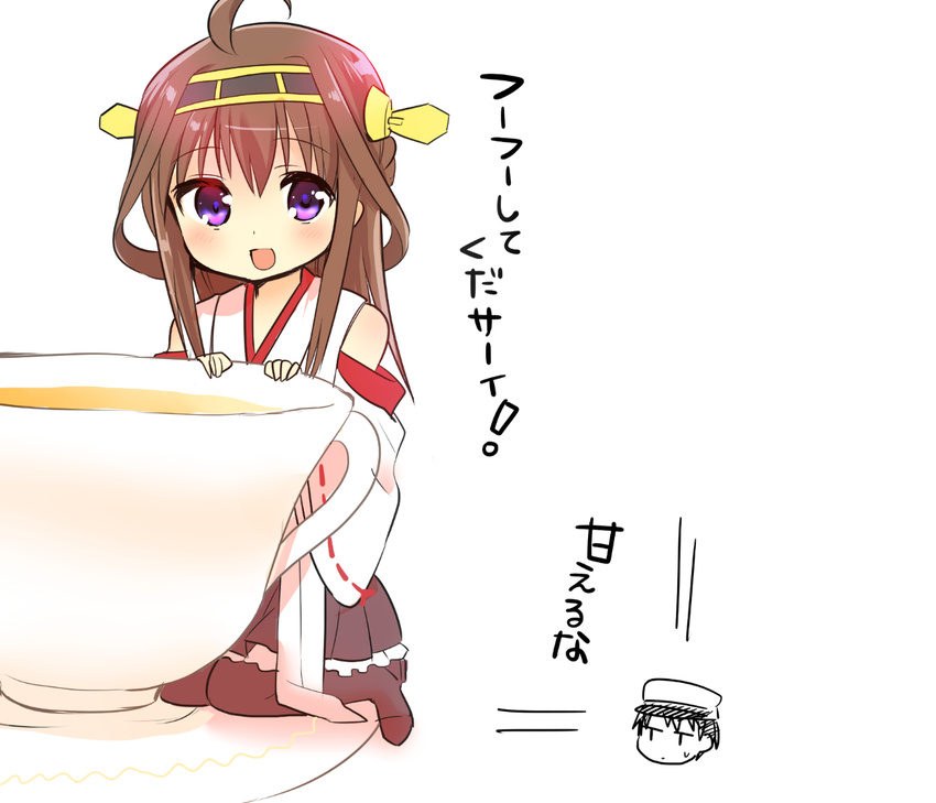 1girl admiral_(kantai_collection) ahoge bad_id bad_pixiv_id bare_shoulders brown_hair chibi comic cup detached_sleeves double_bun hair_ornament hairband headgear japanese_clothes kantai_collection kongou_(kantai_collection) long_hair nontraditional_miko ouhara_lolong size_difference tea teacup translated