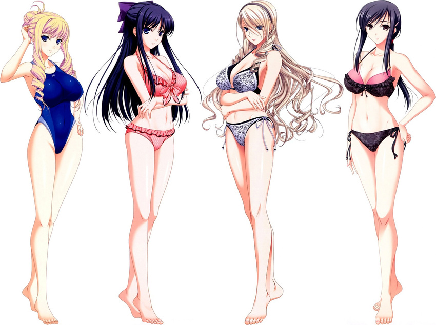 4girls bertille_althusser bikini black_hair blonde_hair blue_eyes bra breasts brown_eyes celia_kumani_entory hiiragi_ayako large_breasts long_hair multiple_girls official_art panties ryuzouji_akane smile standing swimsuit underwear walkure_romanze