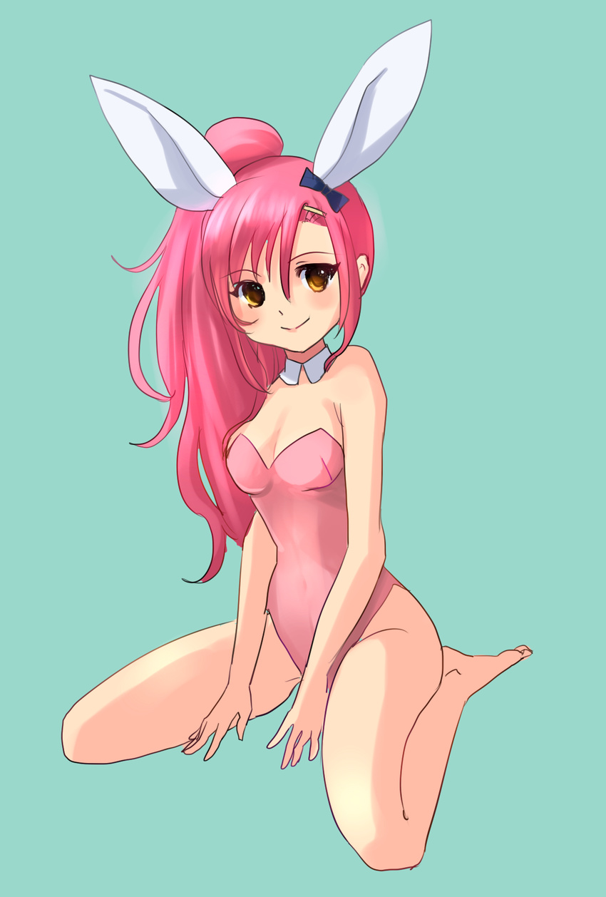 animal_ears bare_legs bare_shoulders barefoot breasts bunny_ears bunnysuit cleavage detached_collar drawfag full_body hair_ornament hairclip hayate_no_gotoku! highres katsura_hinagiku long_hair pink_hair side_ponytail simple_background sitting small_breasts smile solo wariza yellow_eyes