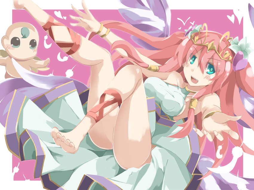 aqua_eyes araragimura_udonya bare_shoulders barefoot blush bracelet breasts cherub collarbone cross-laced_legwear dress fang feathered_wings feathers hair_ornament hair_tubes halterneck heart heart_hair_ornament highres jewelry medium_breasts open_mouth outstretched_arms pink_hair puzzle_&amp;_dragons sideboob sleeveless sleeveless_dress solo taut_clothes taut_dress tiara toenails venus_(p&amp;d) white_wings wings