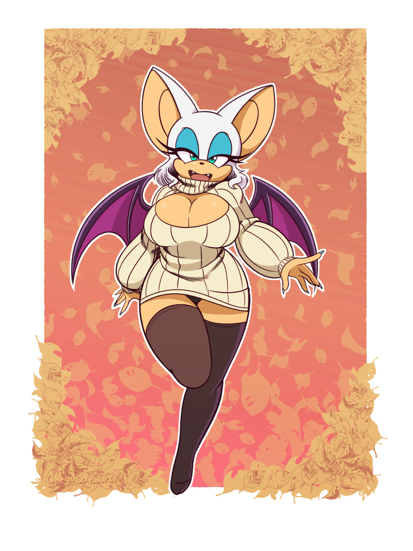 absolute_territory bat big_breasts breasts cleavage_cutout clothing eyeshadow female keyhole_turtleneck legwear looking_at_viewer makeup mammal omegasunburst open_mouth panties rouge_the_bat solo sonic_(series) sweater thigh_highs underwear wings