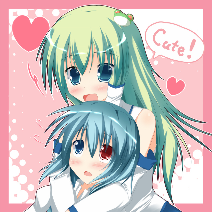 blue_eyes blue_hair blush english frog green_hair hair_ornament heart heterochromia highres hug hug_from_behind kochiya_sanae long_hair multiple_girls open_mouth red_eyes short_hair tatara_kogasa touhou yuri yuzutei