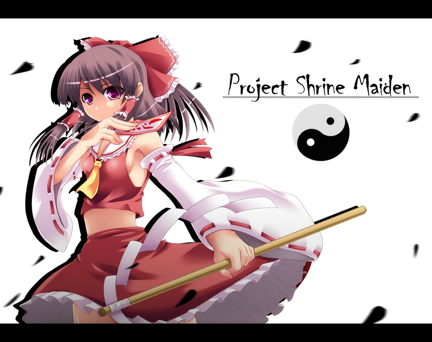 bow brown_hair colorized copyright_name detached_sleeves gohei goma_azarasi hair_bow hakurei_reimu letterboxed looking_at_viewer md5_mismatch midriff navel no_bra ofuda short_hair simple_background skirt solo touhou towamin white_background yin_yang