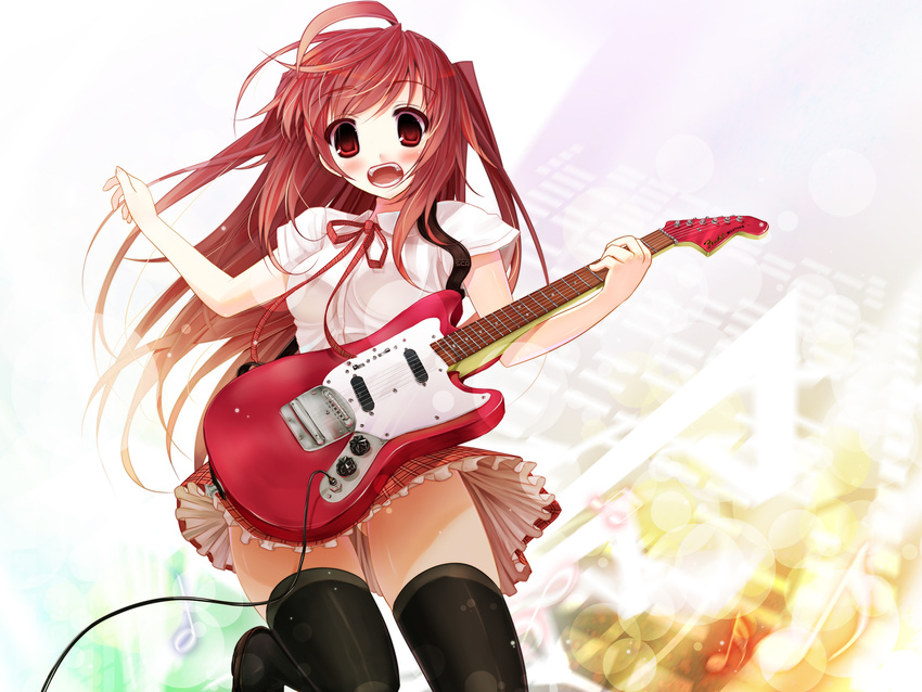 blush electric_guitar guitar highres instrument long_hair md5_mismatch open_mouth original red_eyes red_hair scarlet_(studioscr) skindentation skirt solo thighhighs twintails