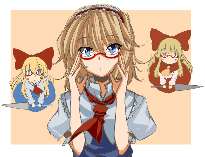 alice_margatroid bad_id bad_pixiv_id bespectacled blonde_hair blue_eyes blush blush_stickers bow capelet doll dress glasses hair_bow hairband hourai_doll kamo_(yokaze) matching_hourai matching_shanghai ribbon shanghai_doll short_hair sketch solo touhou weapon