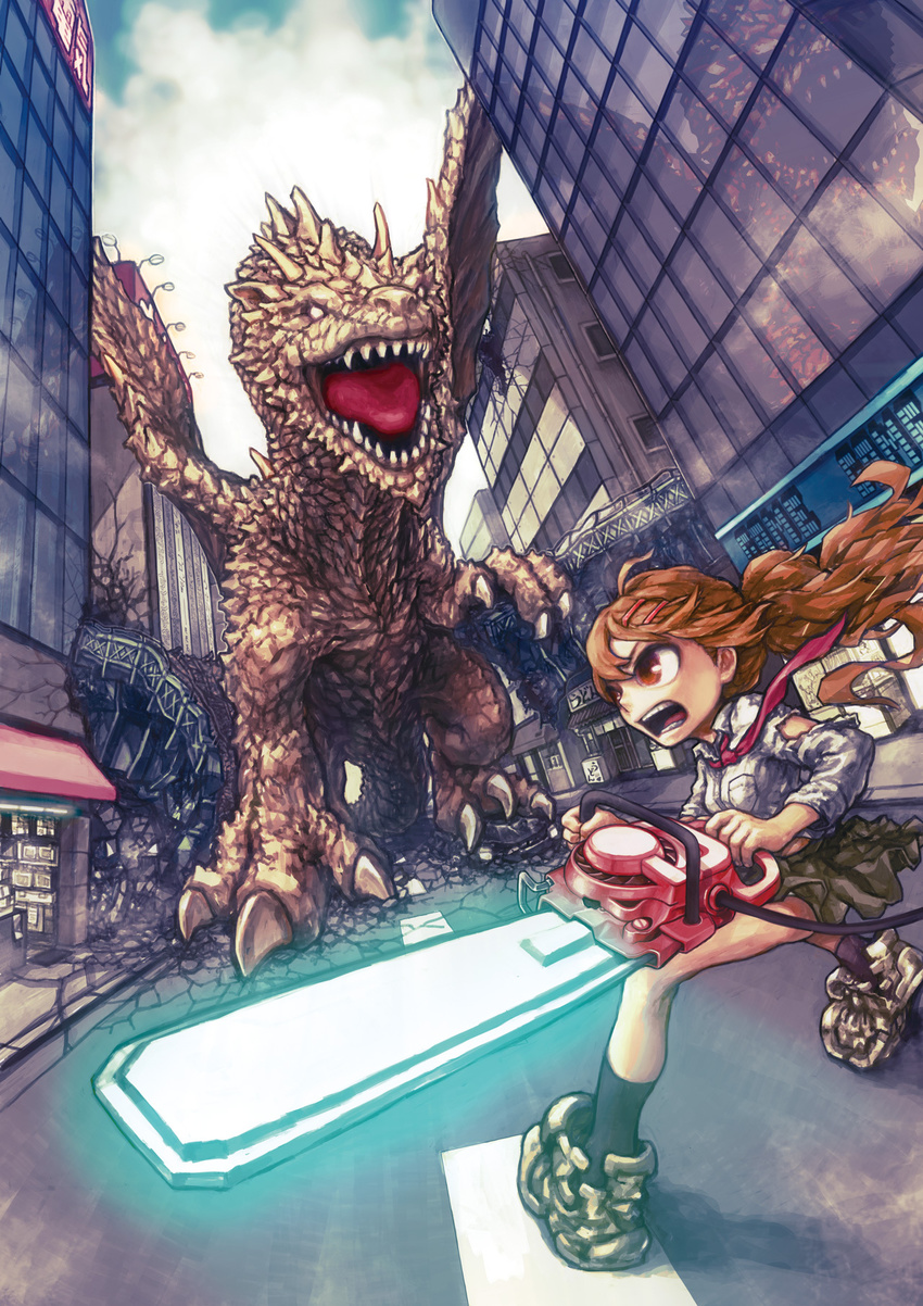 bad_id bad_pixiv_id brown_eyes brown_hair building chainsaw city destruction dragon highres nikerabi open_mouth pixiv_festa ponytail road torn_clothes