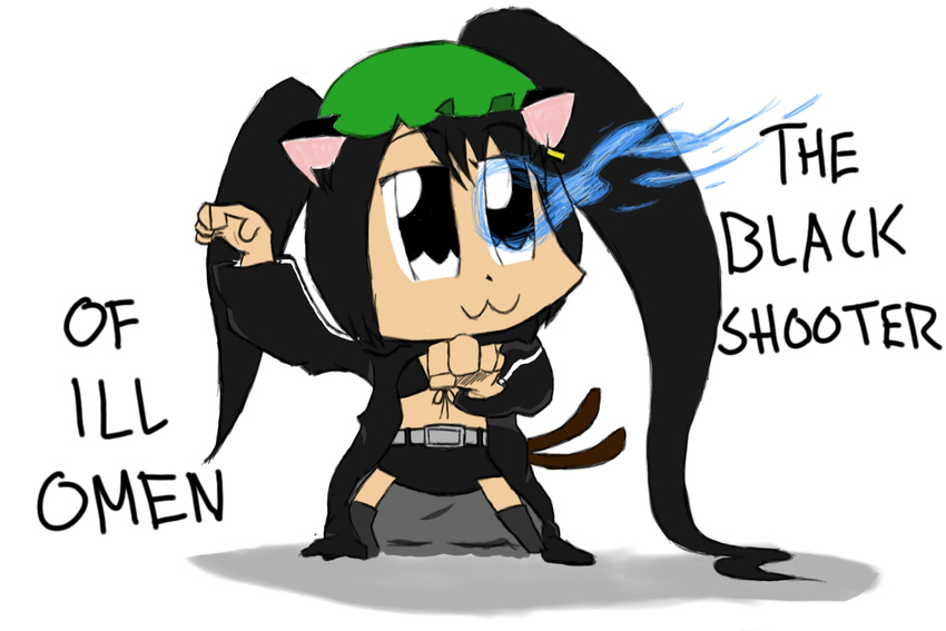 :3 black_hair black_rock_shooter black_rock_shooter_(character) black_rock_shooter_(character)_(cosplay) chen cosplay drawfag english glowing glowing_eyes parody solo touhou