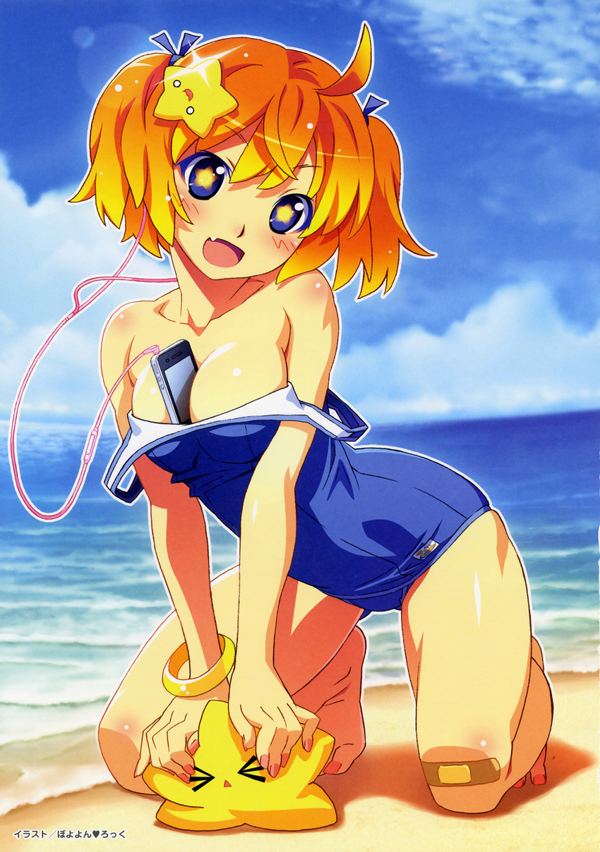 :d bandaid bandaid_on_knee barefoot beach between_breasts blue_eyes blush bracelet breasts cellphone day earbuds earphones fang full_body hair_ornament highres iphone jewelry kneeling looking_at_viewer multicolored_hair ocean one-piece_swimsuit open_mouth outdoors phone plim school_swimsuit short_hair smartphone smile solo star star-shaped_pupils swimsuit symbol-shaped_pupils twinkle_soft watanabe_akio water