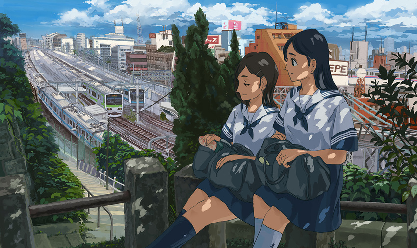 bad_id bad_pixiv_id bag black_hair brown_hair cityscape ground_vehicle hair_ornament hairpin kneehighs mao_(matz8) multiple_girls original railroad_tracks real_world_location school_bag school_uniform sitting socks tokyo_(city) train train_station