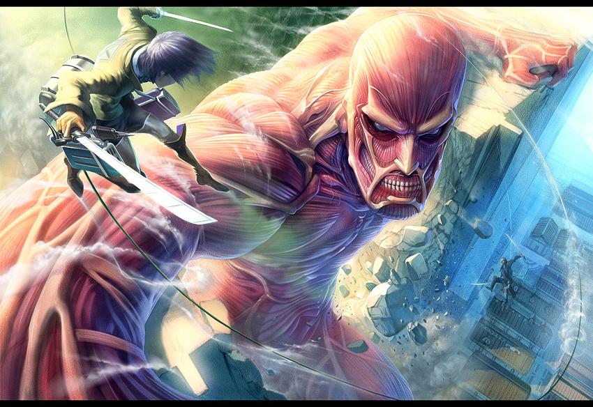 bald battle city colossal_titan dual_wielding duel emblem eren_yeager exposed_muscle foreshortening giant holding monster multiple_boys murase_rintarou muscle paradis_military_uniform shingeki_no_kyojin sword teeth three-dimensional_maneuver_gear weapon