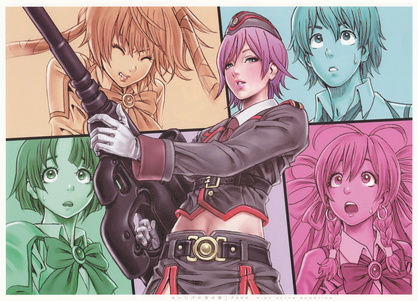 4girls absurdres green_eyes gun hat highres lips lipstick liu_meifeng makeup midriff mishiro_akatsuki mizuchi_towako moriya_mahiro multiple_girls nida_schuetlitch purple_hair shuraki uniform weapon yamashita_shun'ya