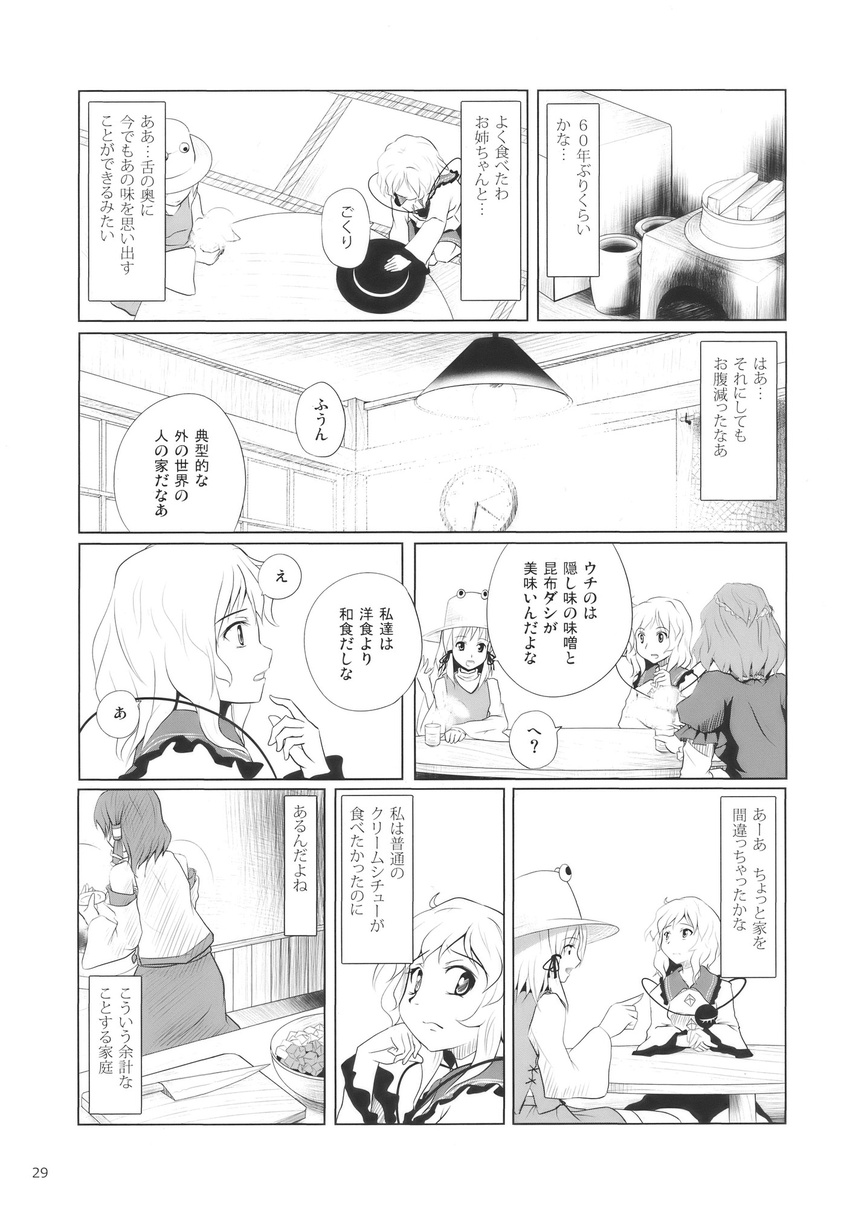 annoyed blouse clock comic cup doujinshi greyscale hair_ribbon hat hat_ribbon highres kitchen knife kochiya_sanae komeiji_koishi kou_(haijindeath) long_hair long_sleeves monochrome moriya_suwako multiple_girls pyonta ribbon short_hair skirt sun_hat table third_eye touhou translated yasaka_kanako