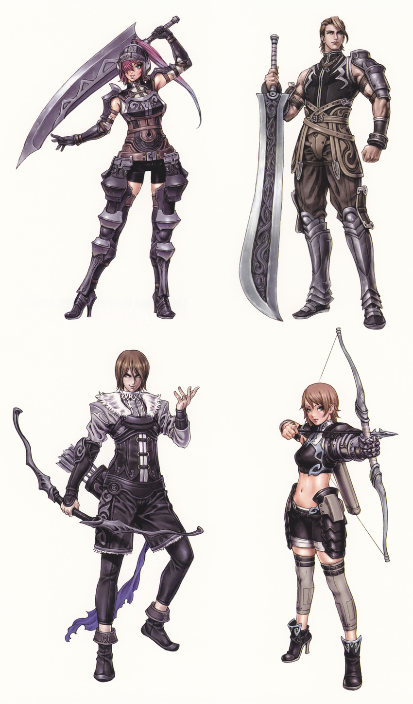 2girls absurdres aiming armor arrow boots bow_(weapon) brown_eyes brown_hair celes_(valkyrie_profile) ehrde falx gloves green_eyes highres lips lipstick long_hair makeup midriff multiple_boys multiple_girls sha-kon short_hair smile sword valkyrie_profile valkyrie_profile_2 weapon white_background yamashita_shun'ya