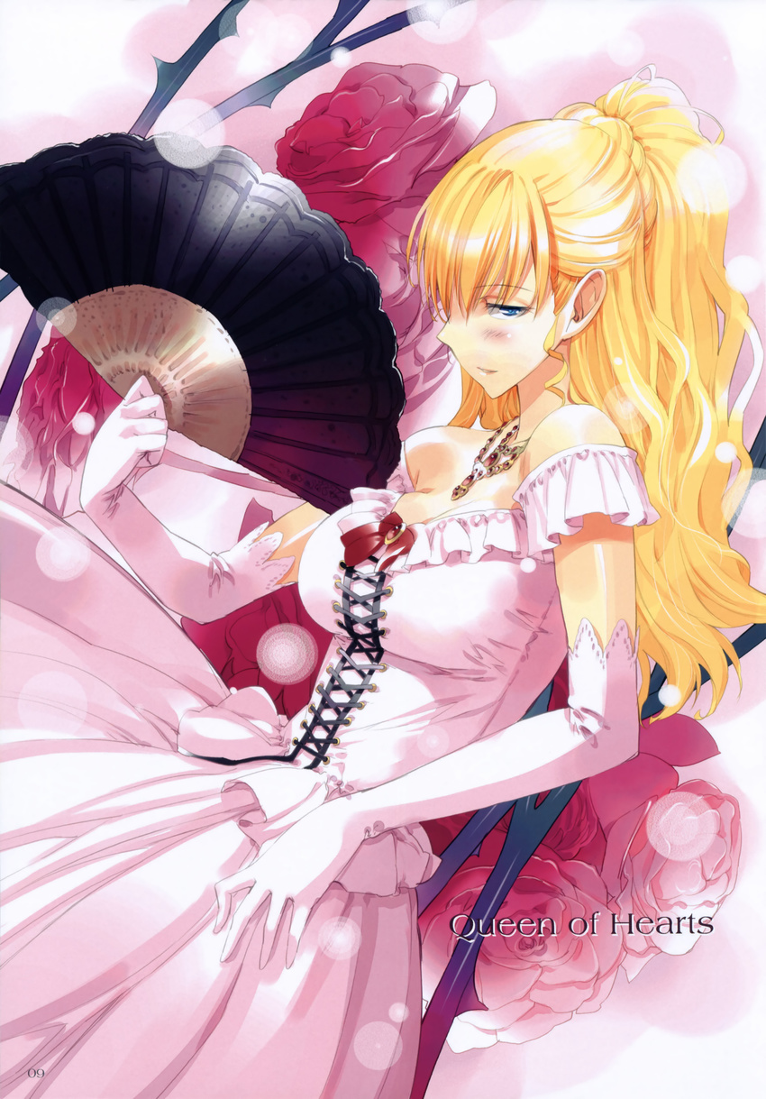 absurdres alice_in_wonderland blonde_hair blue_eyes breasts cleavage dress elbow_gloves fan flower gloves highres jewelry large_breasts long_hair necklace queen_of_hearts red_flower red_rose rose solo thorns ueda_ryou