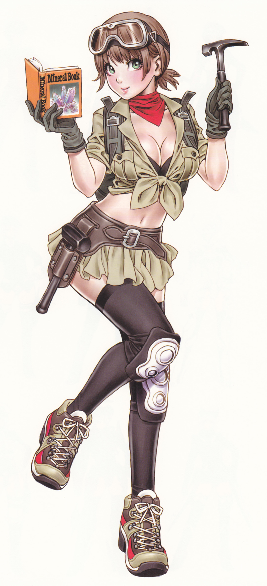 absurdres blush book breasts brown_hair cleavage copyright_request full_body gloves goggles goggles_on_head green_eyes hammer highres knee_pads legs lips medium_breasts midriff navel shoes simple_background skirt smile sneakers solo thighhighs yamashita_shun'ya