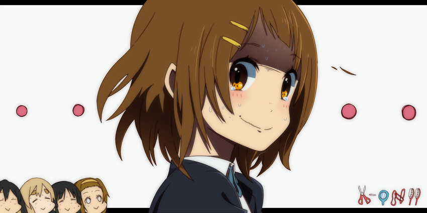 :&gt; akiyama_mio bad_id bad_pixiv_id brown_eyes brown_hair brush failure hair_brush hair_ornament hairpin hajime_(hajime-ill-1st) hand_mirror highres hirasawa_yui k-on! kotobuki_tsumugi mirror multiple_girls nakano_azusa school_uniform scissors short_hair sweat tainaka_ritsu tears