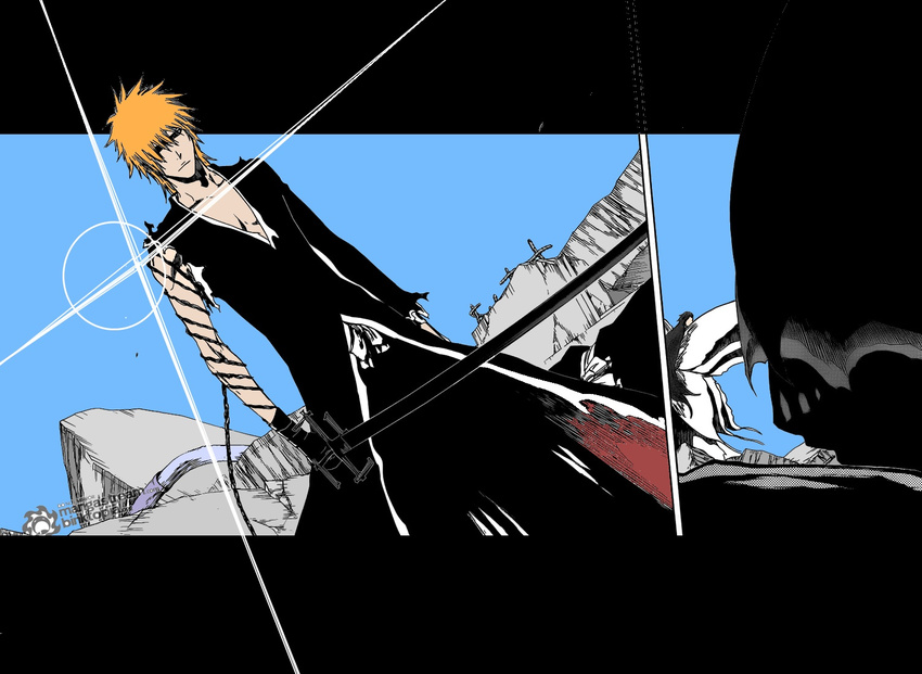 aizen_sousuke bleach chain kubo_taito kurosaki_ichigo multiple_boys orange_hair parody spoilers style_parody sword tengen_toppa_gurren_lagann torn_clothes watermark weapon