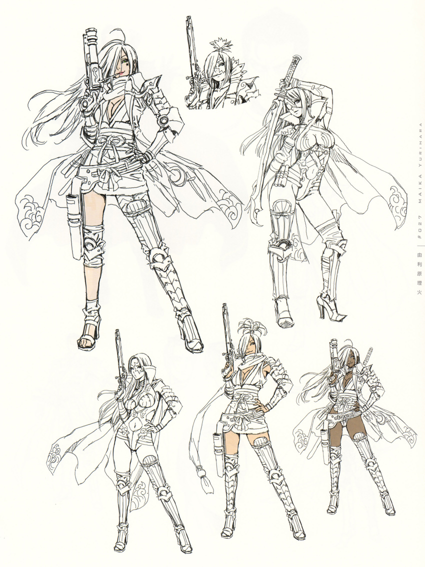 absurdres ahoge alternate_hairstyle alternate_skin_color armor belt beltskirt boots breasts cape character_name character_sheet cleavage concept_art contrapposto dark_skin eyepatch facial_mark floating_hair full_body fuuun_ishin_dai_shogun gloves green_eyes gun hair_over_one_eye halterneck hand_on_hip high_collar high_heels highleg highleg_leotard highres holding holding_gun holding_sword holding_weapon holster japanese_clothes kimono kiseru legs_apart leotard lips lipstick long_hair makeup medium_breasts messy_hair monochrome mouth_hold multiple_views navel navel_cutout obi official_art one_eye_covered parted_lips pink_lipstick pipe sandals sash shoes short_kimono standing star straight_hair sword sword_behind_back thighhighs topknot turtleneck weapon yamashita_shun'ya yurihara_maika zettai_ryouiki