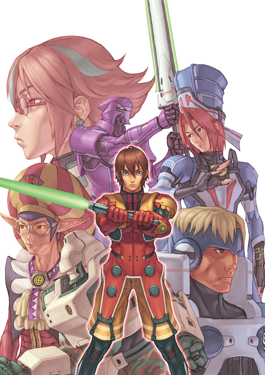 6+boys absurdres akikazu_mizuno android ash_(phantasy_star_online) bernie_(phantasy_star_online) clenched_hands earrings elbow_gloves energy_sword energy_weapon expressionless fighting_stance fingerless_gloves fomar fonewm glasses gloves glowing goggles hat highlights highres hucast huge_weapon humar jean_carlo_montague jewelry kireek multicolored_hair multiple_boys official_art phantasy_star phantasy_star_online pointy_ears profile racast red_ring_rico robot sakai_satoshi serious simple_background sword two-tone_hair wataru_watanabe weapon white_background
