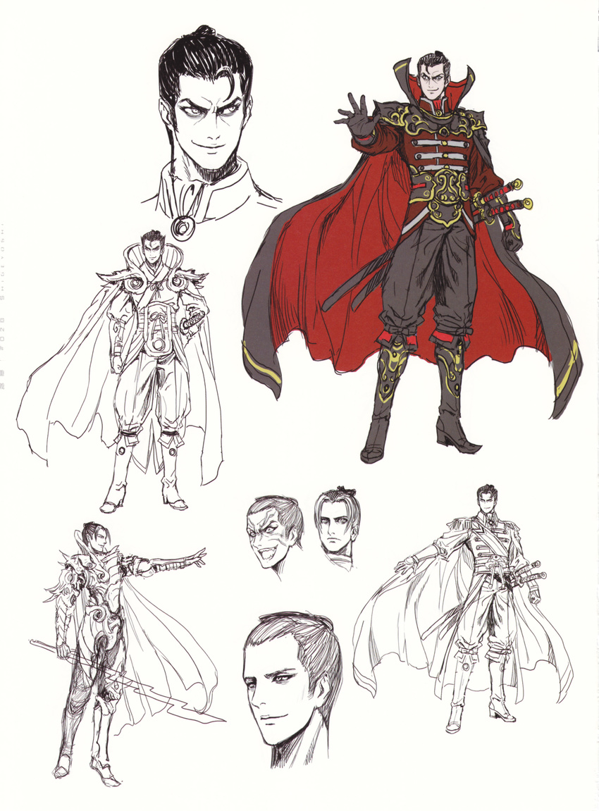 &gt;:) :d absurdres arm_at_side armor boots cape clenched_hand closed_mouth concept_art evil_smile full_body furrowed_eyebrows fuuun_ishin_dai_shogun gloves hand_on_hip high_collar high_heel_boots high_heels highres hitotsubashi_shigeyoshi holding holding_sword holding_weapon knee_boots light_smile looking_to_the_side male_focus multiple_swords multiple_views non-web_source obi open_mouth outstretched_arm pants partially_colored portrait sash sheath sheathed short_hair sideburns simple_background sketch smile standing sword turtleneck v-shaped_eyebrows weapon white_background yamashita_shun'ya