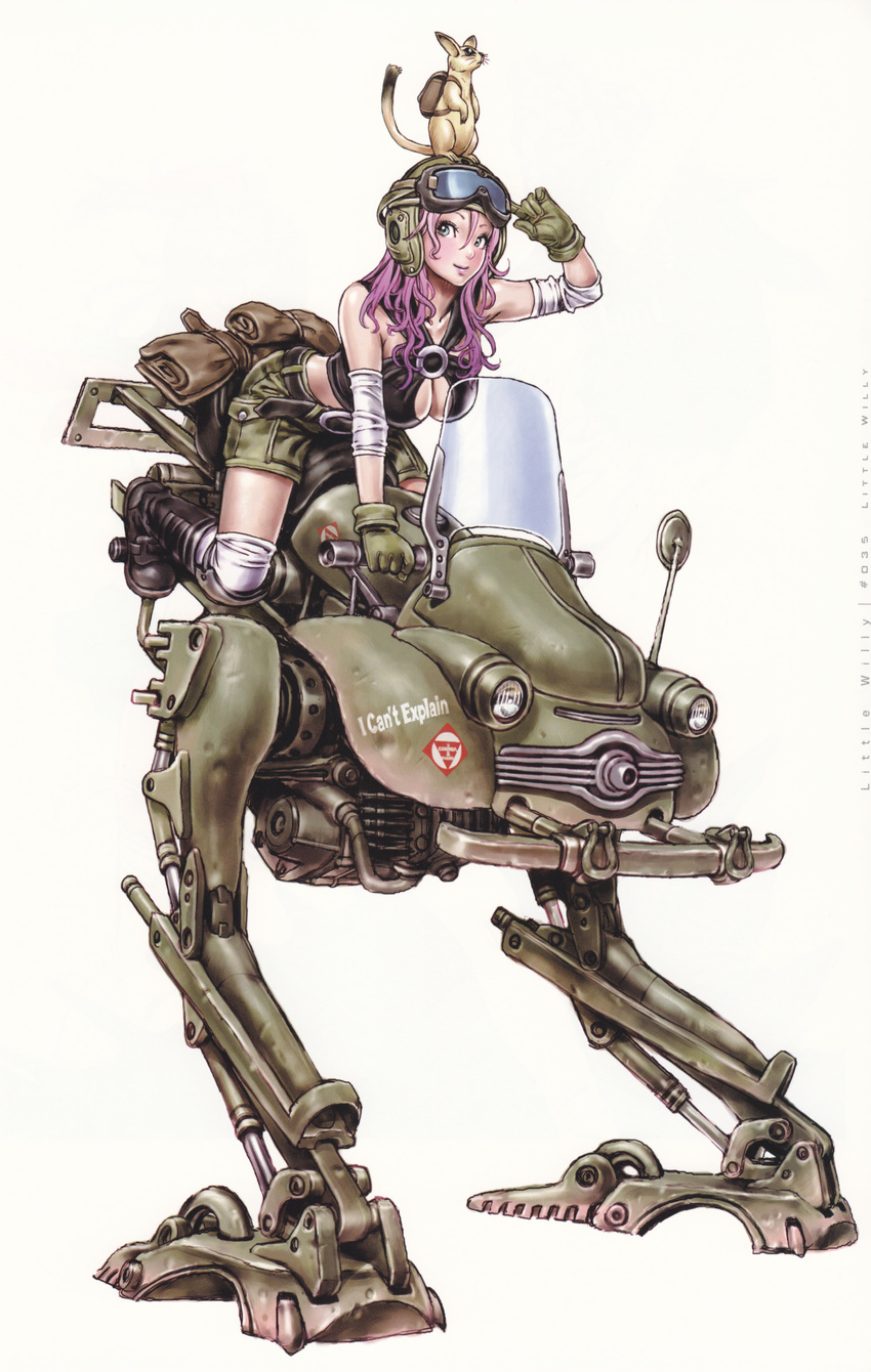 absurdres animal belt bent_over blush boots breasts cleavage copyright_request english gloves goggles goggles_on_head green_eyes highres lips lipstick makeup mecha medium_breasts midriff purple_hair shorts solo thighhighs yamashita_shun'ya