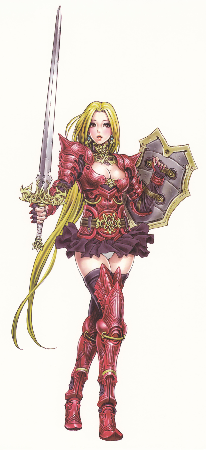 absurdres armor blonde_hair blush breasts brown_eyes cleavage copyright_request earrings gloves highres jewelry lips lipstick long_hair makeup medium_breasts nail_polish panties pink_nails shield simple_background skirt solo sword thighhighs underwear weapon yamashita_shun'ya