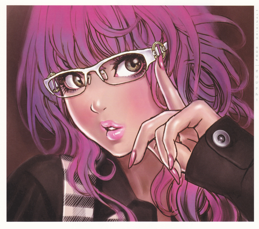 adjusting_eyewear copyright_request fingernails glasses highres lips nail_polish pink_nails purple_hair scan solo yamashita_shun'ya