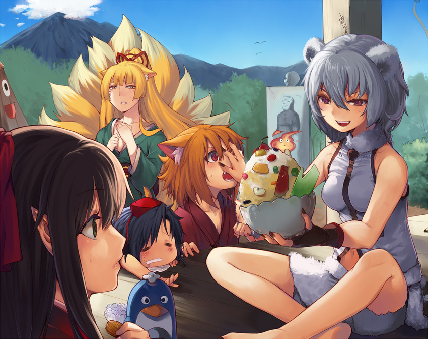 aki_(mare_desiderii) animal_ears bad_id bad_pixiv_id black_hair blonde_hair brown_hair closed_eyes cloud day drooling fangs fingerless_gloves fox_ears fox_tail gloves green_hair hair_ribbon hat japanese_clothes karakasa_obake kimono look-alike mouse_ears multiple_girls multiple_tails oriental_umbrella original parody pointy_ears ribbon shaved_ice short_hair sitting tail tokin_hat umbrella