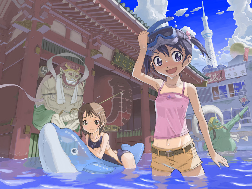 2girls 310 :d architecture bad_id bad_pixiv_id bag belt black_hair brown_hair child cloud coca-cola competition_swimsuit day diving_mask diving_mask_on_head drum east_asian_architecture fishing fishing_rod flood fuujin goggles goggles_on_head green_eyes green_skin grin hair_bobbles hair_ornament hairclip happy horns inflatable_dolphin inflatable_toy instrument kaminarimon kooribata midriff monster multiple_boys multiple_girls one-piece_swimsuit one-piece_tan open_mouth original outdoors purple_eyes raijin refraction short_hair short_twintails shorts shrine sky smile snorkel swimsuit tan tank_top tanline temple temple_gate tokyo_(city) tokyo_sky_tree twintails vanishing_point wading water wet wet_clothes