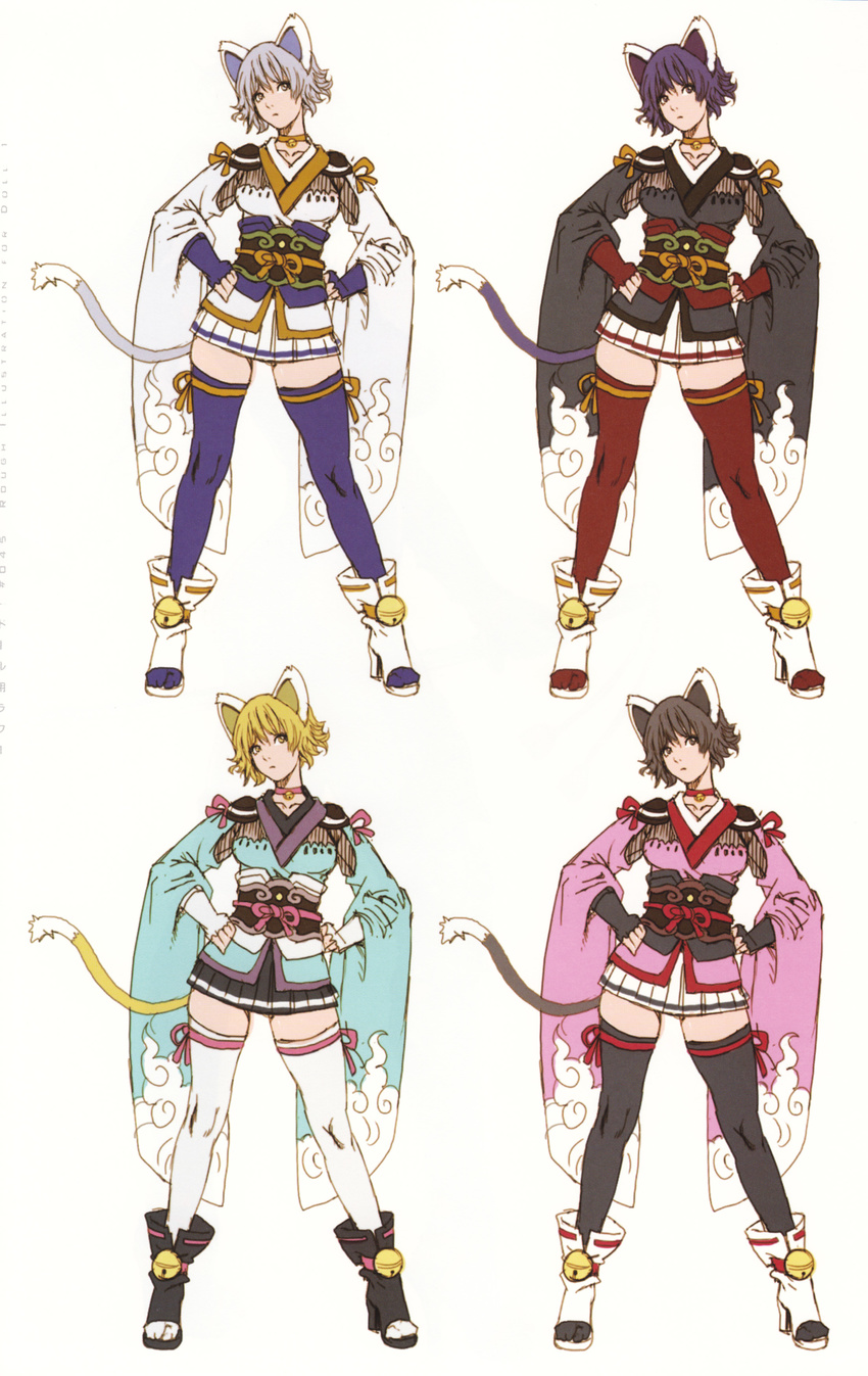 absurdres animal_ears bell blonde_hair brown_eyes brown_hair cat_ears cat_tail copyright_request grey_eyes highres jingle_bell legs purple_eyes purple_hair silver_hair skirt tail thighhighs yamashita_shun'ya yellow_eyes zettai_ryouiki