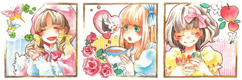 alice_(wonderland) alice_in_wonderland apple bow bug bunny butterfly clover crayon food four-leaf_clover fruit grimm's_fairy_tales hair_bow iinuma_chika insect little_red_riding_hood little_red_riding_hood_(grimm) multiple_girls original snow_white snow_white_(grimm) tea traditional_media watercolor_(medium)
