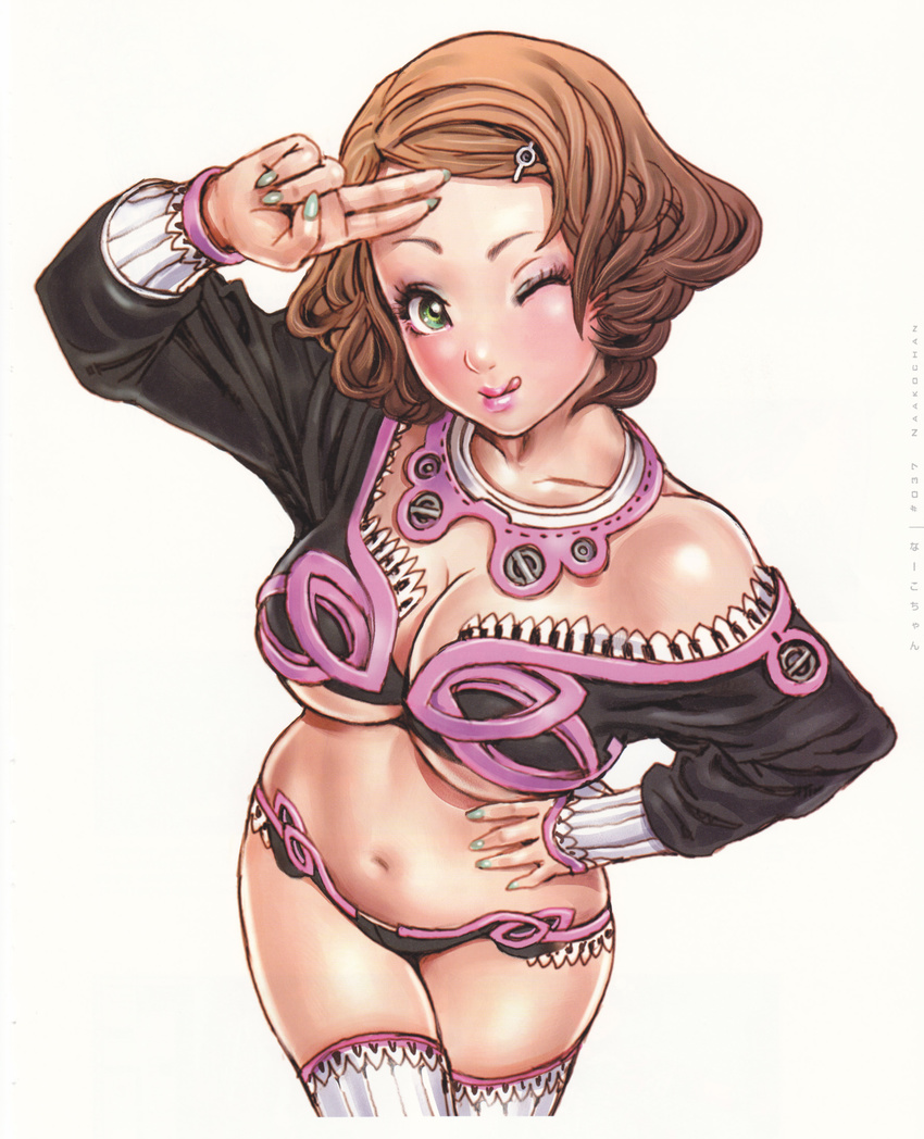 ;q absurdres breasts brown_hair cleavage copyright_request curvy green_eyes green_nails hair_ornament hairclip highres large_breasts lips lipstick long_sleeves makeup midriff nail_polish navel one_eye_closed salute simple_background skindentation solo thighhighs tongue tongue_out underboob wavy_hair yamashita_shun'ya
