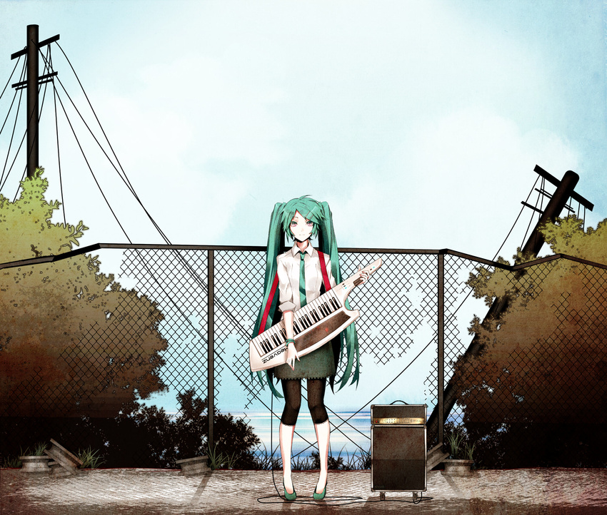 amplifier aqua_hair arisaka_ako bad_id bad_pixiv_id bracelet cable chain-link_fence cloud day expressionless fence hatsune_miku highres instrument jewelry keyboard_(instrument) keytar long_hair looking_at_viewer necktie ocean pigeon-toed power_lines ruins shadow shoes skirt sky solo standing telephone_pole twintails very_long_hair vocaloid